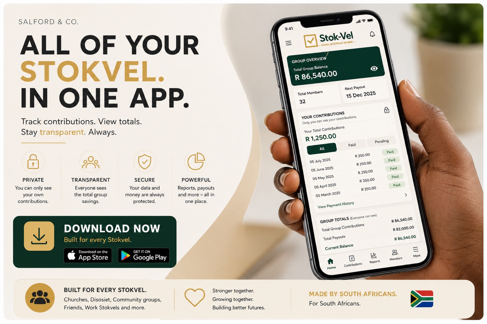 All of your stokvel in one app — track contributions, view totals, stay transparent
